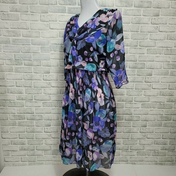 Vintage 80s 90s Dramatix Sheer Chiffon Floral Fit Flare Dress Pleated‎ Waistband - Picture 4 of 8